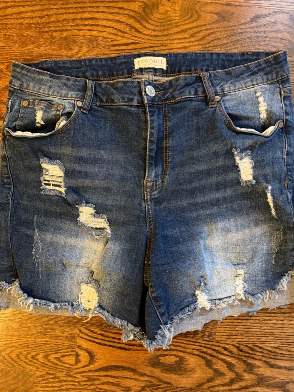 Eloquii Ripped Frayed Hem Denim Shorts - Dark Blue
